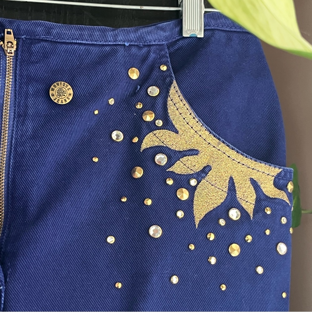 Monique Jeans Blue and Gold Embellished Women's Pencil Skirt - Picture 3 of 15